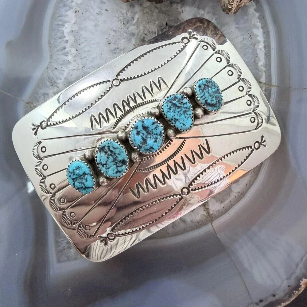 Joann Begay Native American Sterling 5 Turquoise Stamped Belt Buckle For Men
